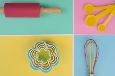 Arkaplan için mutfak gereçlerini ve yemek pişirme konseptini kapat