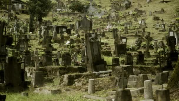 Rasos 公墓是该地区规模最大 历史最悠久的墓地之一 在一座小山和山谷中分布着大量的墓碑 — 图库视频影像