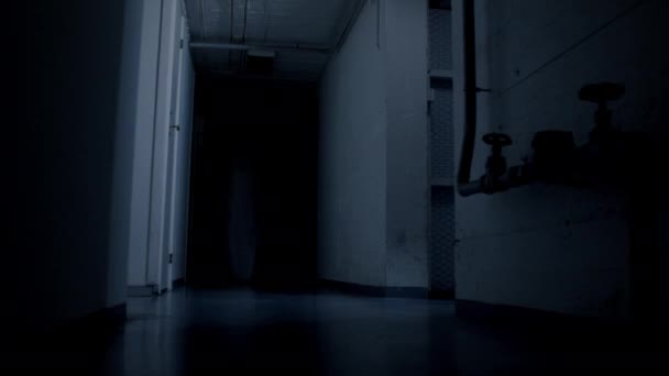 这个可怕的鬼魂是用一个黑色魔法口袋的摄像机4K在地下室走廊上的一个闪光灯拍摄的 — 图库视频影像