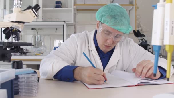 Medicinsk forskare stressad i laboratoriet — Stockvideo