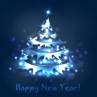 Güzel parlak mavi bir arka plan üzerinde Noel ağacı. Noel kartı.