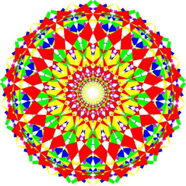 Çok renkli desenli parlak geometrik bir mandala. Simetrik tasarım enerji ve ahenk yayar, keskin açıları ve akış eğrilerini bir kaleydoskop renginde birleştirir..