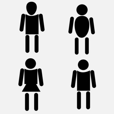Farklı cinsiyetleri ve vücut şekillerini temsil eden dört adet siyah siluet insan piktogramı. İşaret, bilgi grafikleri, uygulamalar ve evrensel semboller için kullanışlı minimalist düz tasarım simgeleri.