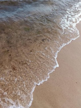 Yumuşak dalgaların sakin manzarası kumlu bir sahili okşuyor, doğanın güzelliğini ve deniz huzurunu gözler önüne seriyor..
