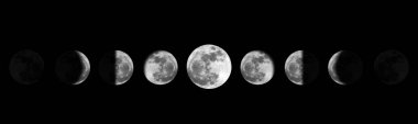 Ay, gece uzay astronomisini aşamalar ve doğa ay evreleri de küre gölgesini. Yeni aydan dolunaya kadar tüm döngü.