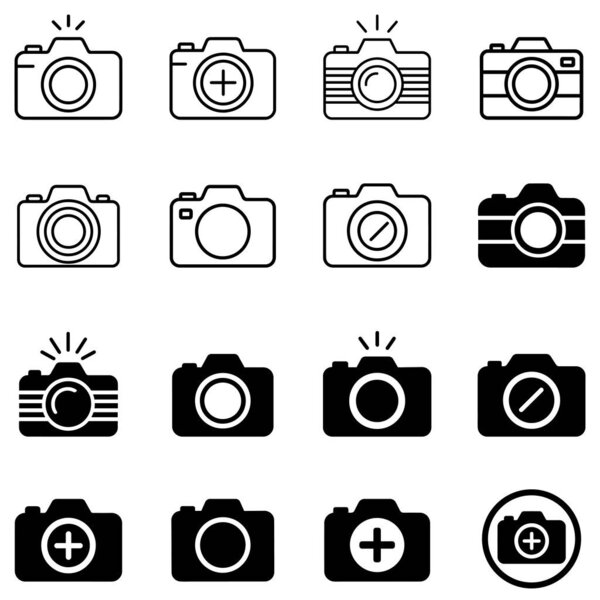 Иконки камер, установленные в плоском черном силуэте, векторный дизайн для фотоиллюстрационного набора, фотокамера
