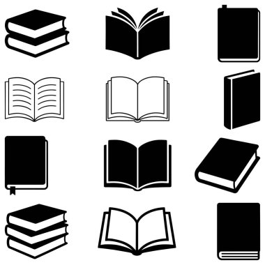 Eğitim ve okuma kavramları için düz siyah siluet vektör illüstrasyon demetinde kitap simgesi belirlendi