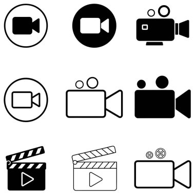 Video kamera simgeleri, yaratıcı projeler için düz siyah siluet vektör tasarım resimleme demetine ayarlandı