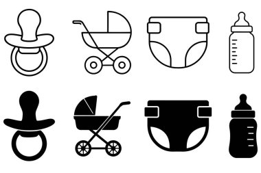 Çocuk bakımı ve aile tasarımı için düz siyah siluet vektör illüstrasyonunda bebek sembolü paketi