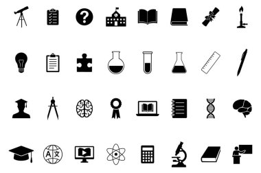 Eğitim ve bilim sembolü seti. Piktogram atom, mikroskop, test tüpü, matara, teleskop, DNA, okul binası, dizüstü bilgisayar, kontrol listesi, pano, siyah işaret çizimi.