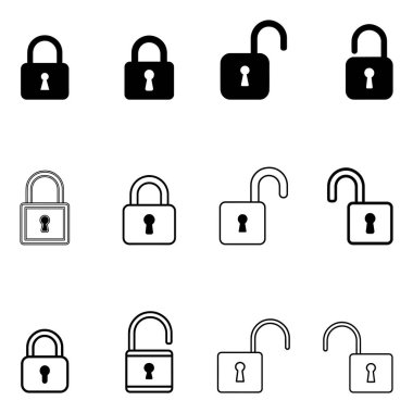 Kilit simgesi güvenlik ve gizlilik tasarımı için düz siyah vektör illüstrasyon demetine ayarlandı