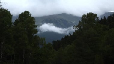 Dağ manzarası, siste, bulutlar dağ gorge, Kuzey Kafkasya doğası içinde hareket yüksek kayalar
