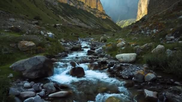 Гірська Річка Мальовничій Ущелині Прекрасним Видом Високих Скелях Дикої Природи — стокове відео