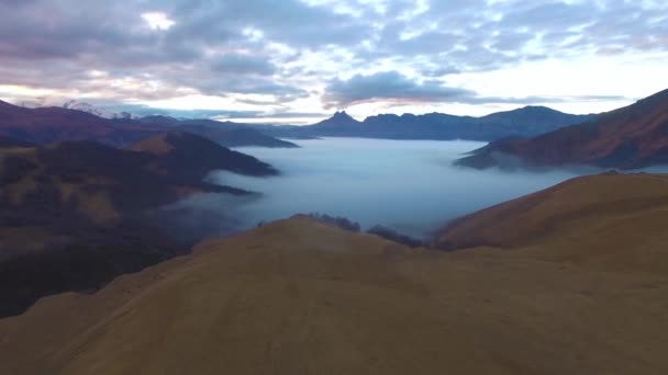 Горное Ущелье Тумане Сорняки Над Долиной Стрельба Воздуха Природа Северного — стоковое видео