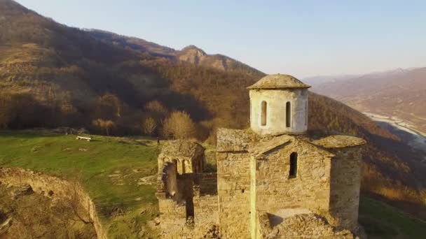 Top View Old Temple Mountains North Caucasus Shooting Air — Stock Video