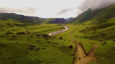 Dağ geçidindeki nehir, yeşil vadinin üzerinde özler, sisli yüksek dağlar, Kuzey Kafkasya'nın doğası