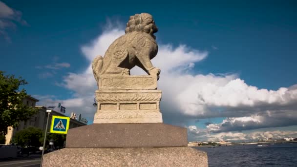 Λιοντάρια Στις Όχθες Του Ποταμού Νέβα Αρχιτεκτονική Πόλης Αγία Πετρούπολη — Αρχείο Βίντεο