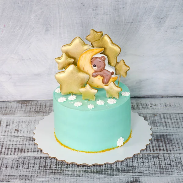 Crème Kaas Blauw Kid Cake Met Peperkoek Teddy Sterren — Stockfoto