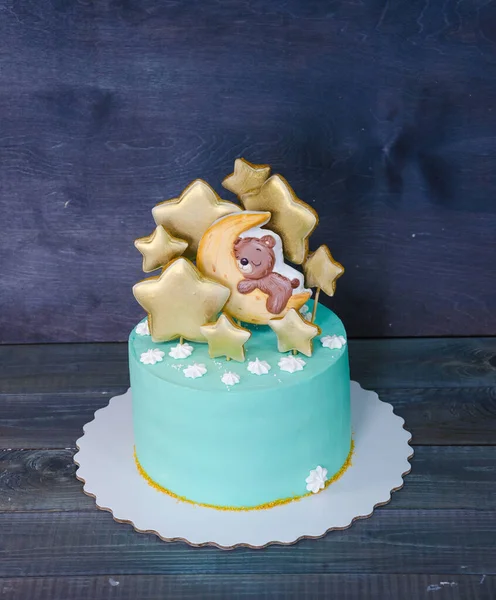 Crème Kaas Blauw Kid Cake Met Peperkoek Teddy Sterren — Stockfoto