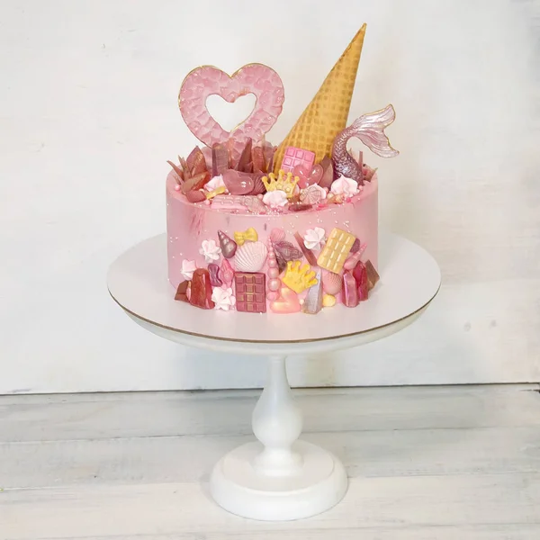 Pink Mermaid Fondant Cake Rice Paper Decoration — Stock Photo, Image
