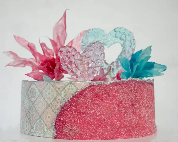 Roze Blauwe Suiker Blad Taart Met Karamel Rijst Papier Decoratie — Stockfoto