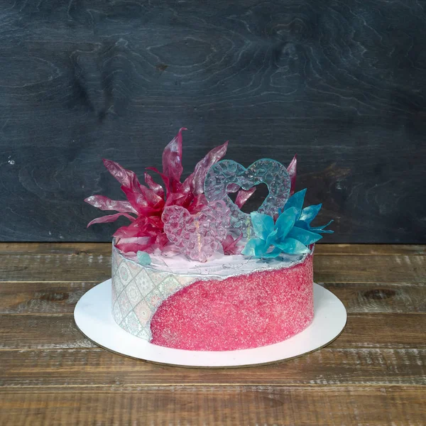 Roze Blauwe Suiker Blad Taart Met Karamel Rijst Papier Decoratie — Stockfoto
