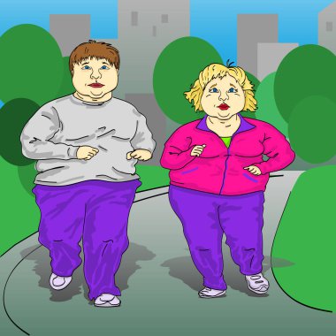 İki şişman adam, bir erkek ve bir kadın, Şehir Parkı parça altında çalışan eşofman