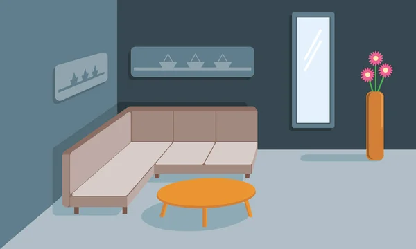 Interior of the living room. Vector banner. Design of a cozy room with sofa, coffee table and decor accessories