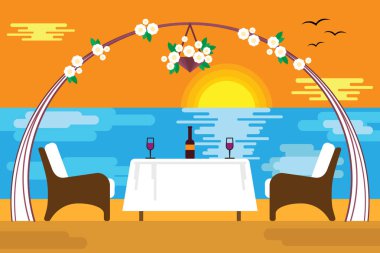 Düz tasarım tarzında denizde romantik akşam.