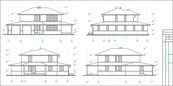 プロジェクトは2階建ての個人の家です。4つのファサードの描画. — ストックベクタ