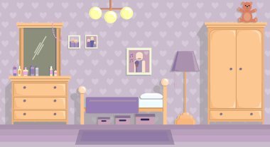 leylak genç kızlar odası . Düz tasarım stilinde vektör görüntüsü.