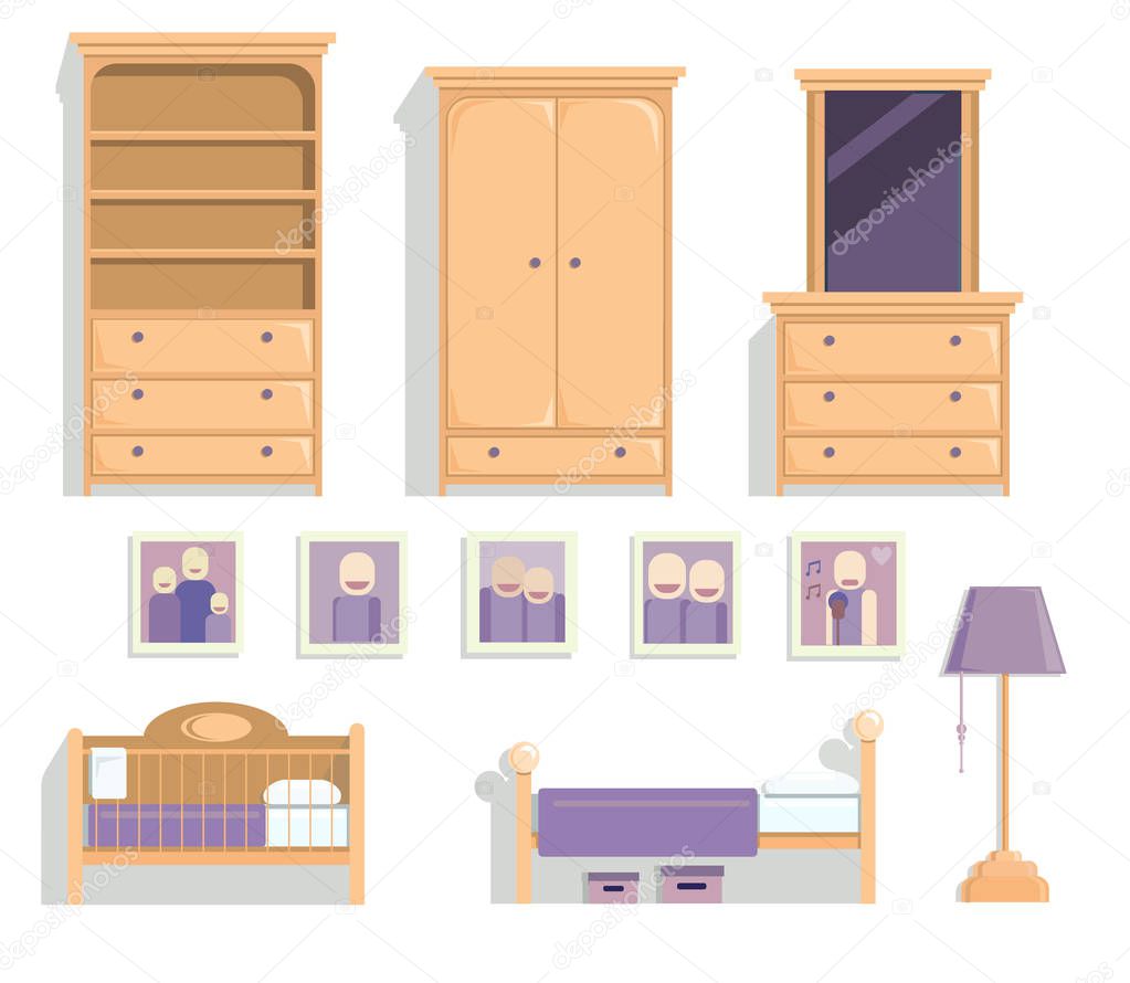 Vector set of furniture for children s bedroom, full color
