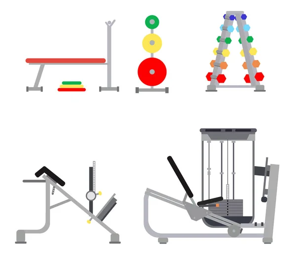 Spor salonu için simülatörleri Renk Seti - tezgah basın, çubuk, hiperuzatma, kardiyo, bacaklar için egzersiz için yük. — Stok Vektör