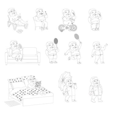 Farklı yaşam durumlarında şişman bir adamın kontur monokrom görüntüleri bir dizi