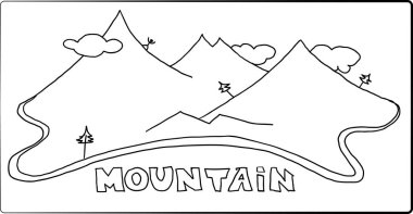 El çizilmiş dağlar vektörü. Çam ağaçları ve insan ile dağların tek renkli bir görüntü