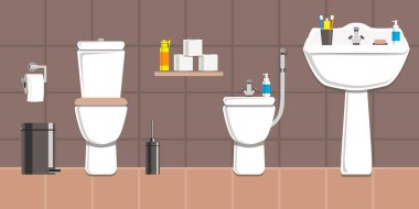 Banyo beyaz ve kahverengi tonlarda. Düz tasarım tarzında vektör görüntüsü. Kağıt alanı, metin için boşluk
