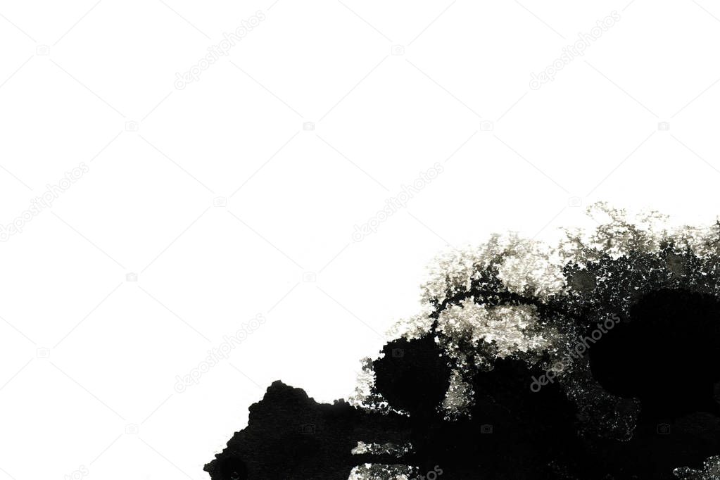 Abstract ink background. Marble style. Black paint stroke texture on white paper. Wallpaper for web and game design. Grunge mud art. Macro image of pen juice. Dark Smear