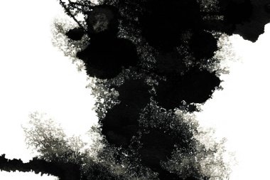 Soyut mürekkep arkaplanı. Mermer tarzı. Beyaz kağıda siyah boya dokusu. Ağ ve oyun tasarımı için duvar kağıdı. Grunge çamur sanatı. Kalem suyunun makro resmi. Koyu Smear