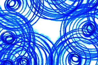 Beyaz arka plan üzerinde kaotik mavi daireler desen çizimi.