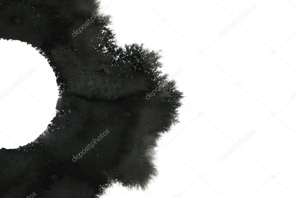 Abstract ink background. Marble style. Black paint stroke texture on white paper. Wallpaper for web and game design. Grunge mud art. Macro image of pen juice. Dark Smear