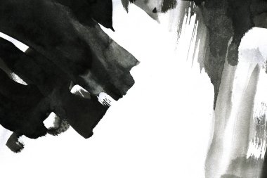 Soyut mürekkep arkaplanı. Mermer tarzı. Beyaz kağıda siyah boya dokusu. Ağ ve oyun tasarımı için duvar kağıdı. Grunge çamur sanatı. Kalem suyunun makro resmi. Koyu Smear