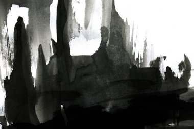 Soyut mürekkep arkaplanı. Mermer tarzı. Beyaz kağıda siyah boya dokusu. Ağ ve oyun tasarımı için duvar kağıdı. Grunge çamur sanatı. Kalem suyunun makro resmi. Koyu Smear