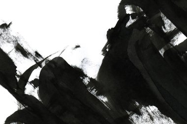 Soyut mürekkep arkaplanı. Mermer tarzı. Beyaz kağıda siyah boya dokusu. Ağ ve oyun tasarımı için duvar kağıdı. Grunge çamur sanatı. Kalem suyunun makro resmi. Koyu Smear