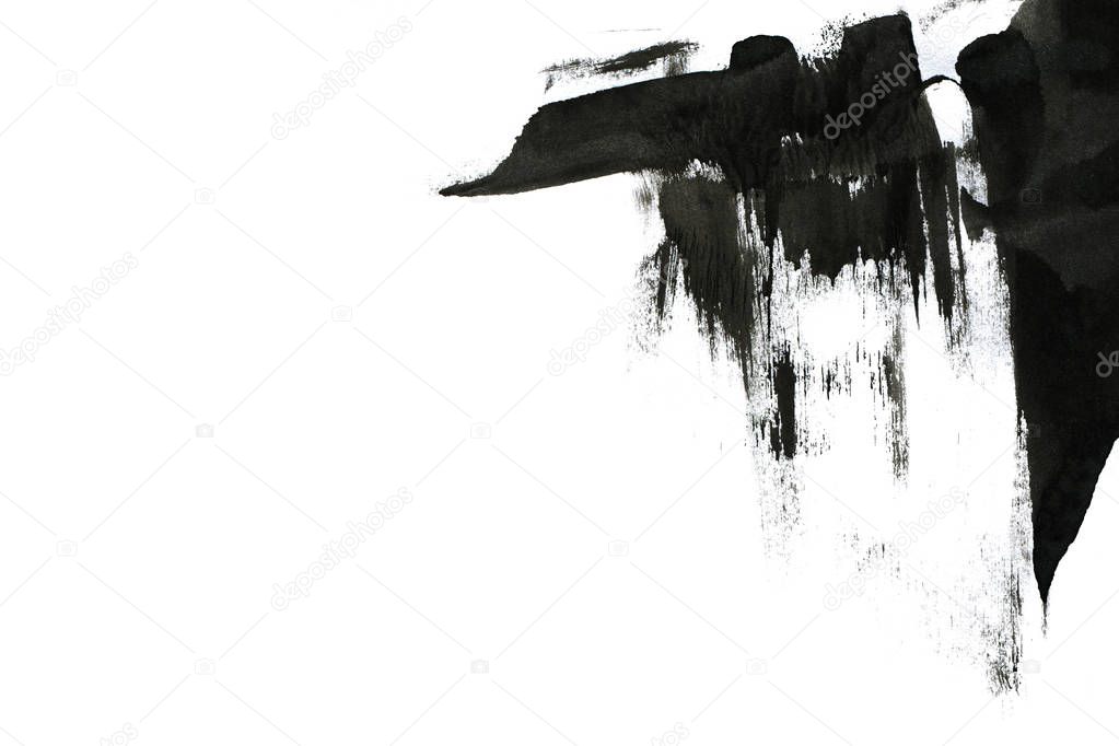 Abstract ink background. Marble style. Black paint stroke texture on white paper. Wallpaper for web and game design. Grunge mud art. Macro image of pen juice. Dark Smear