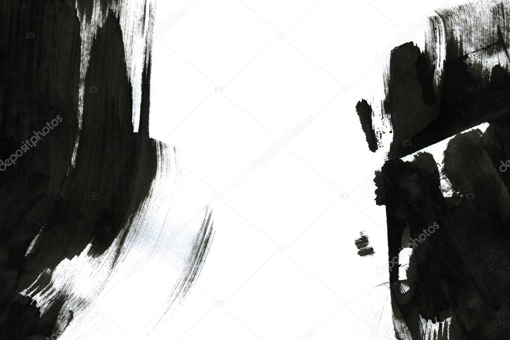 Abstract ink background. Marble style. Black paint stroke texture on white paper. Wallpaper for web and game design. Grunge mud art. Macro image of pen juice. Dark Smear