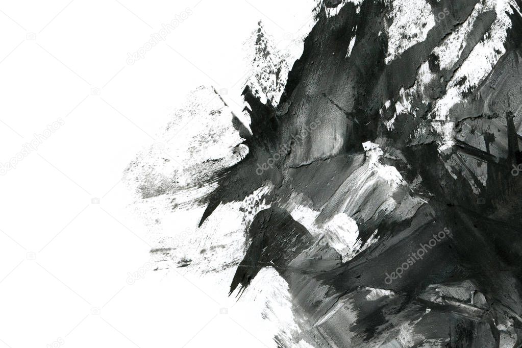 Abstract ink background. Marble style. Black paint stroke texture on white paper. Wallpaper for web and game design. Grunge mud art. Macro image of pen juice. Dark Smear