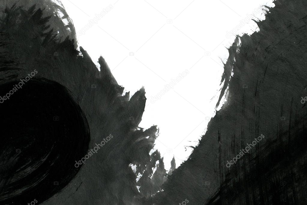 Abstract ink background. Marble style. Black paint stroke texture on white paper. Wallpaper for web and game design. Grunge mud art. Macro image of pen juice. Dark Smear