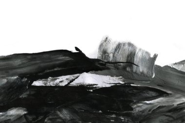 Soyut mürekkep arkaplanı. Mermer tarzı. Beyaz kağıda siyah boya dokusu. Ağ ve oyun tasarımı için duvar kağıdı. Grunge çamur sanatı. Kalem suyunun makro resmi. Koyu Smear