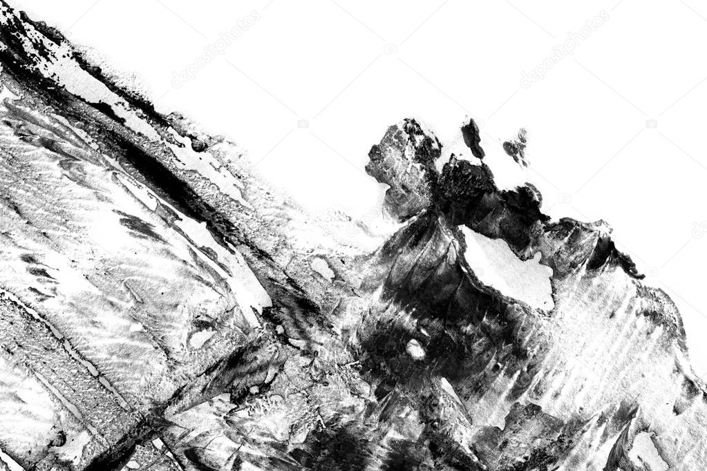 Abstract ink background. Marble style. Black paint stroke texture on white paper. Wallpaper for web and game design. Grunge mud art. Macro image of pen juice. Dark Smear