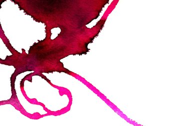 Beyaz arka plan üzerinde Soyut doku fırça mürekkep arka plan pembe aquarell suluboya sıçrama boya. Soyut mor mürekkep tasarımı. Modern suluboya elemanı. Duygusal sanat, ıslak teknik.  